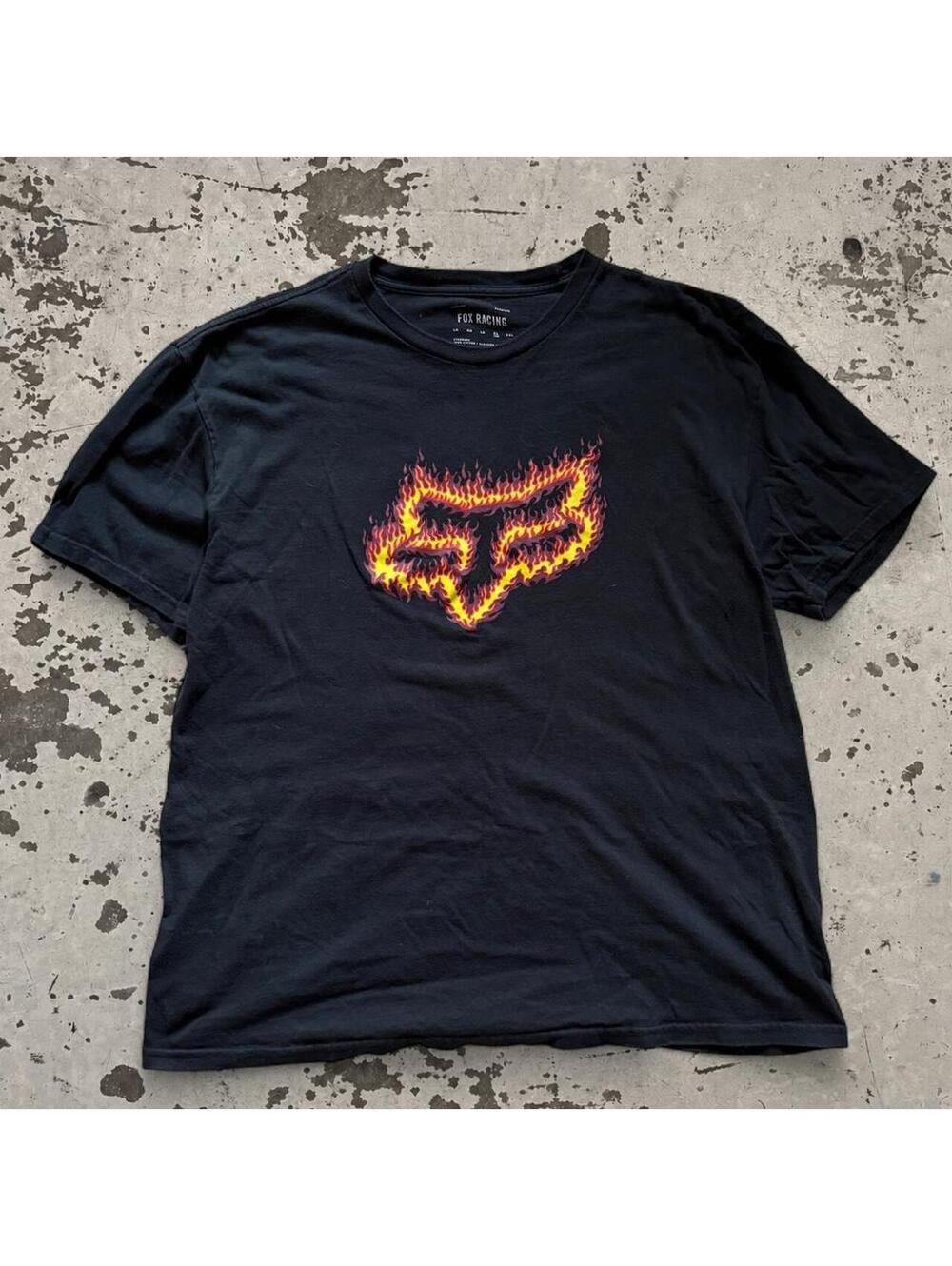 Crazy fire Y2K Black Fox Racing cotton t-shirt with flame logo, size XL